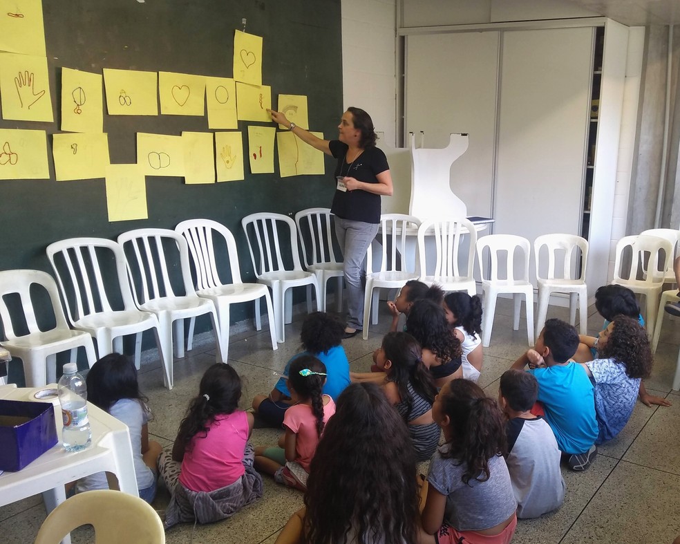 Crianças no Instituto Criança é Vida aprendem os nomes corretos das partes do corpo — Foto: Reprodução/Arquivo Instituto Criança é Vida