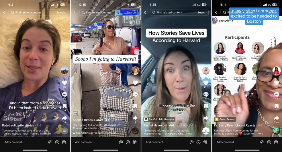 A partir da esquerda, capturas de tela dos feeds TikTok da Speer, Khalida Himes, Rachel Havekost e Dr — Foto: Reprodução/TikTok