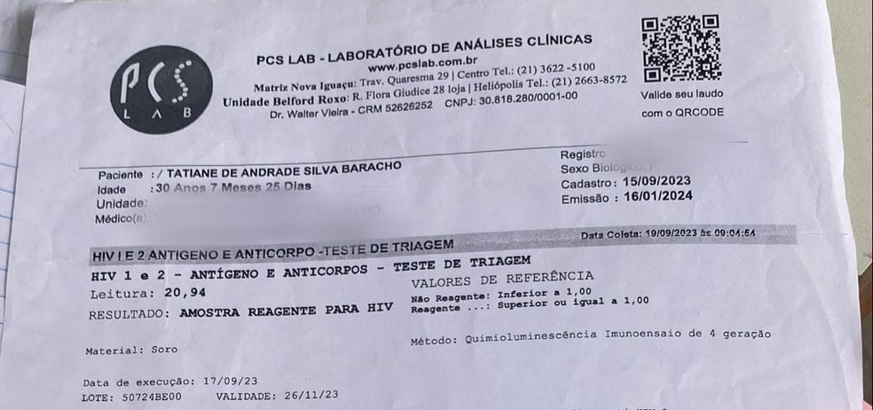 Exame com falso positivo de HIV para dona de casa na Baixada Fluminense — Foto: Reprodução