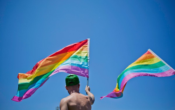 Homem agita bandeira do orgulho LGBT — Foto: Ariel Schalit/AP